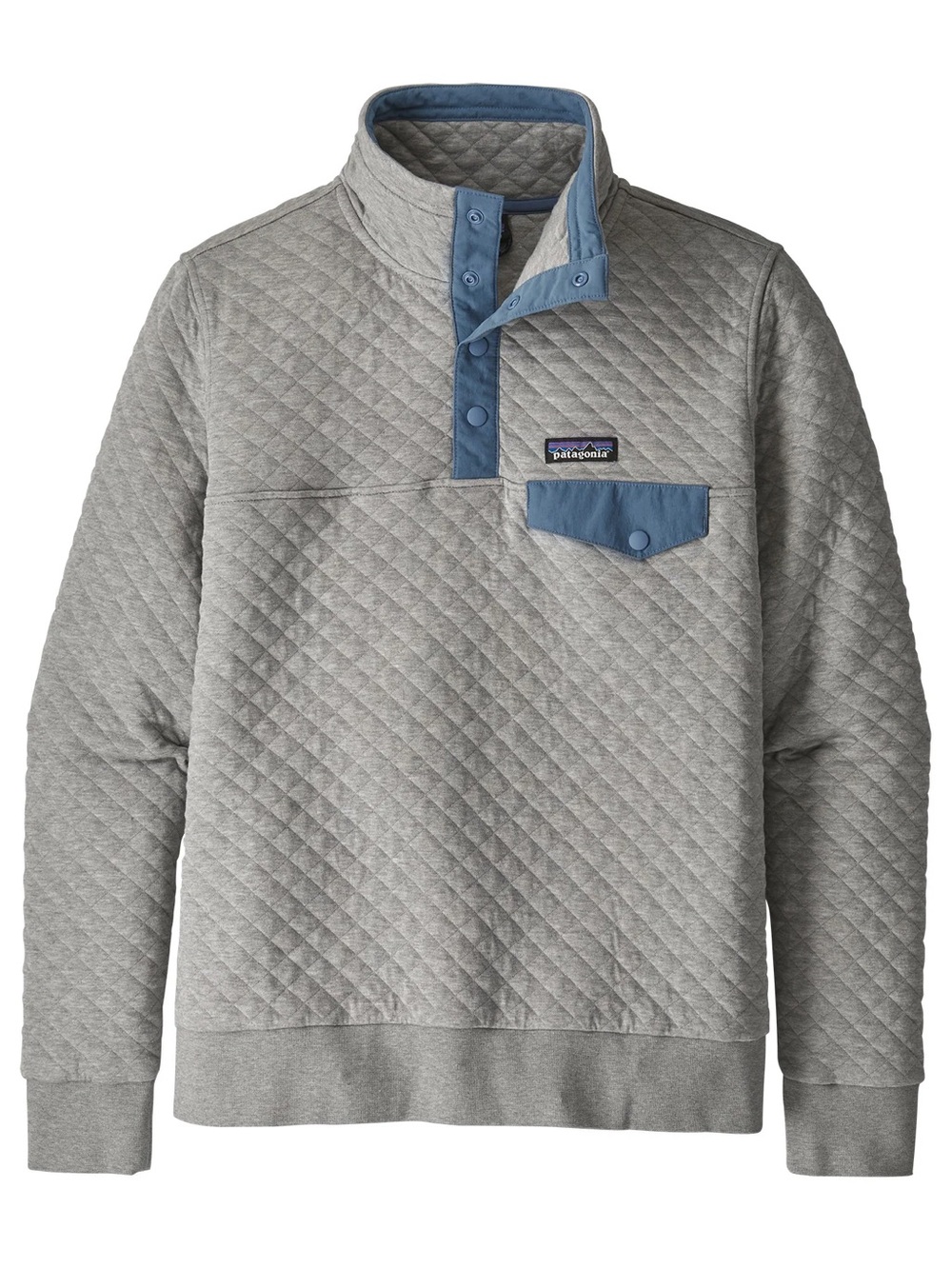 Patagonia Organic Cotton  Light Gray Quilted Pullover with Blue Snap Trim